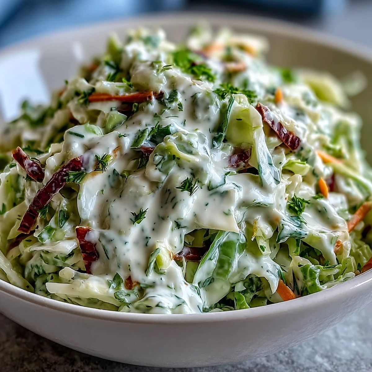 Nahaufnahme der Best Cabbage Coleslaw, geröstete Zwiebeln und ein Hauch von Dijon-Sauce für extra Geschmack.