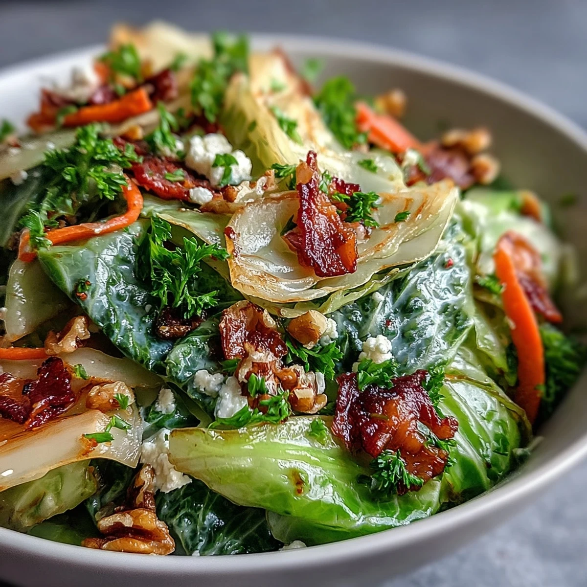 Eine fotogen aufgebauten Schüssel mit warmem, sautiertem Kohlsalat mit knusprigem Gemüse und frischen Kräutern.