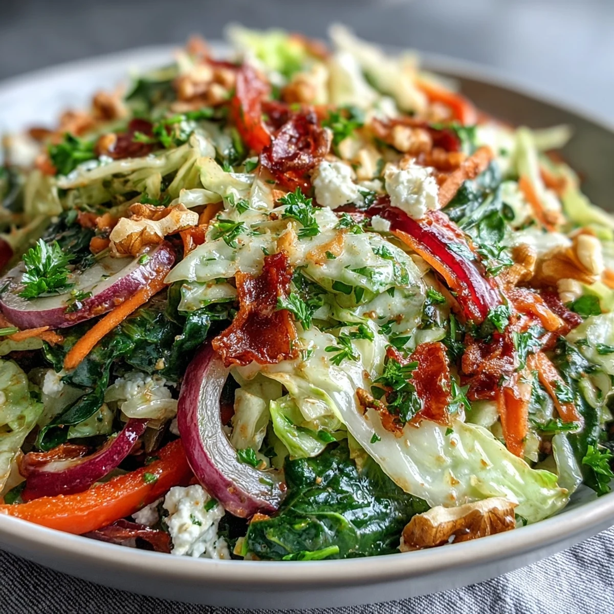 Nahaufnahme des sautierten Kohlsalats mit knusprigen Walnüssen und Krümeln von Feta auf dem modernen Teller.