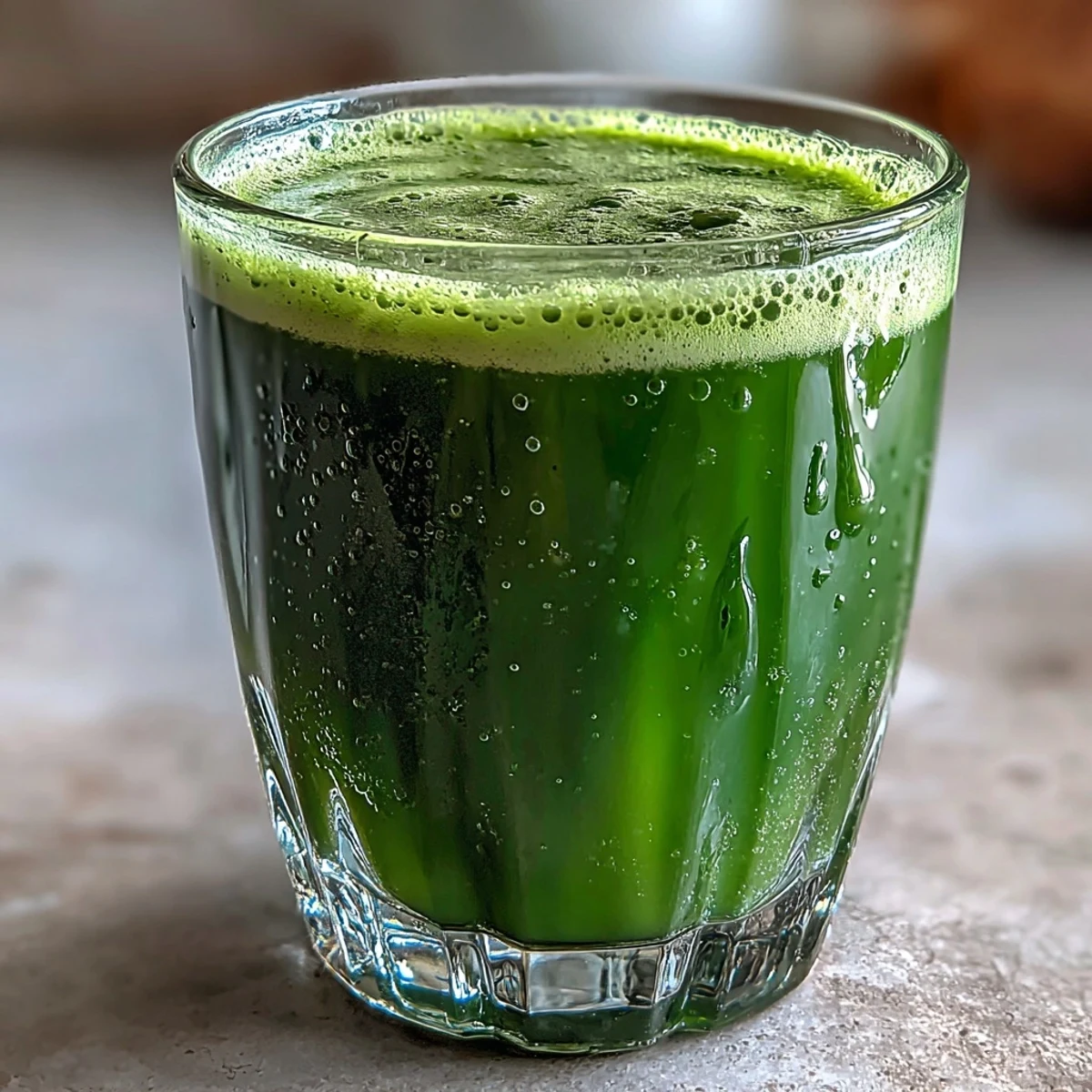Ein leuchtend grüner Cabbage and Kale Detox Juice, frisch gepresst mit Ingwer und Zitrone.
