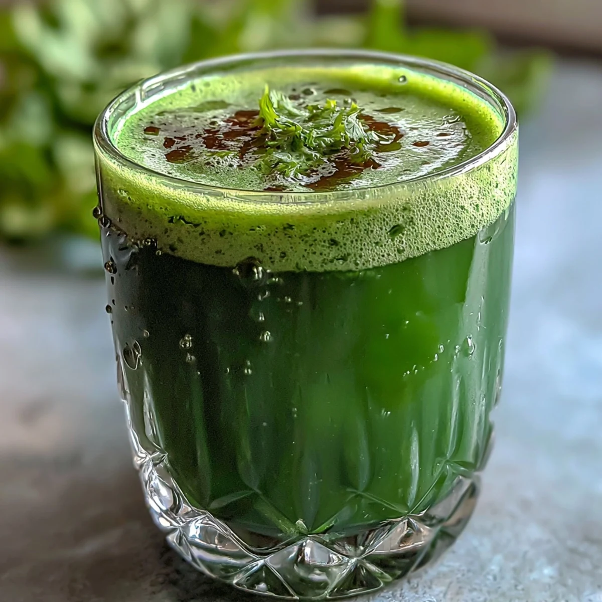 Erfrischender Cabbage and Kale Detox Juice, servierfertig in einem Glas mit Eiswürfeln.