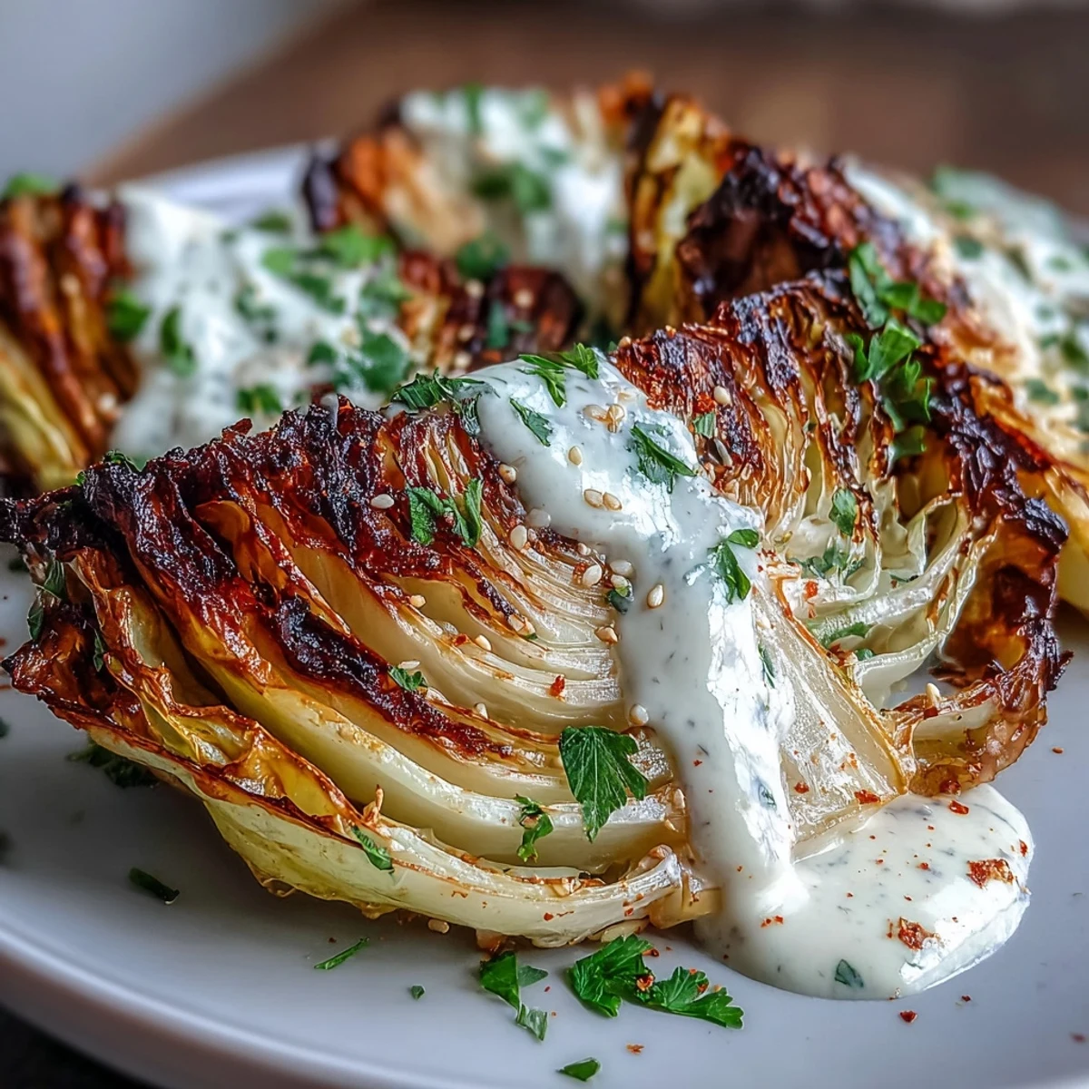 Saftige Kohlkeile, gebacken mit Tahini-Sauce, Garnelen und Kräutern, fertig zum Genießen.
