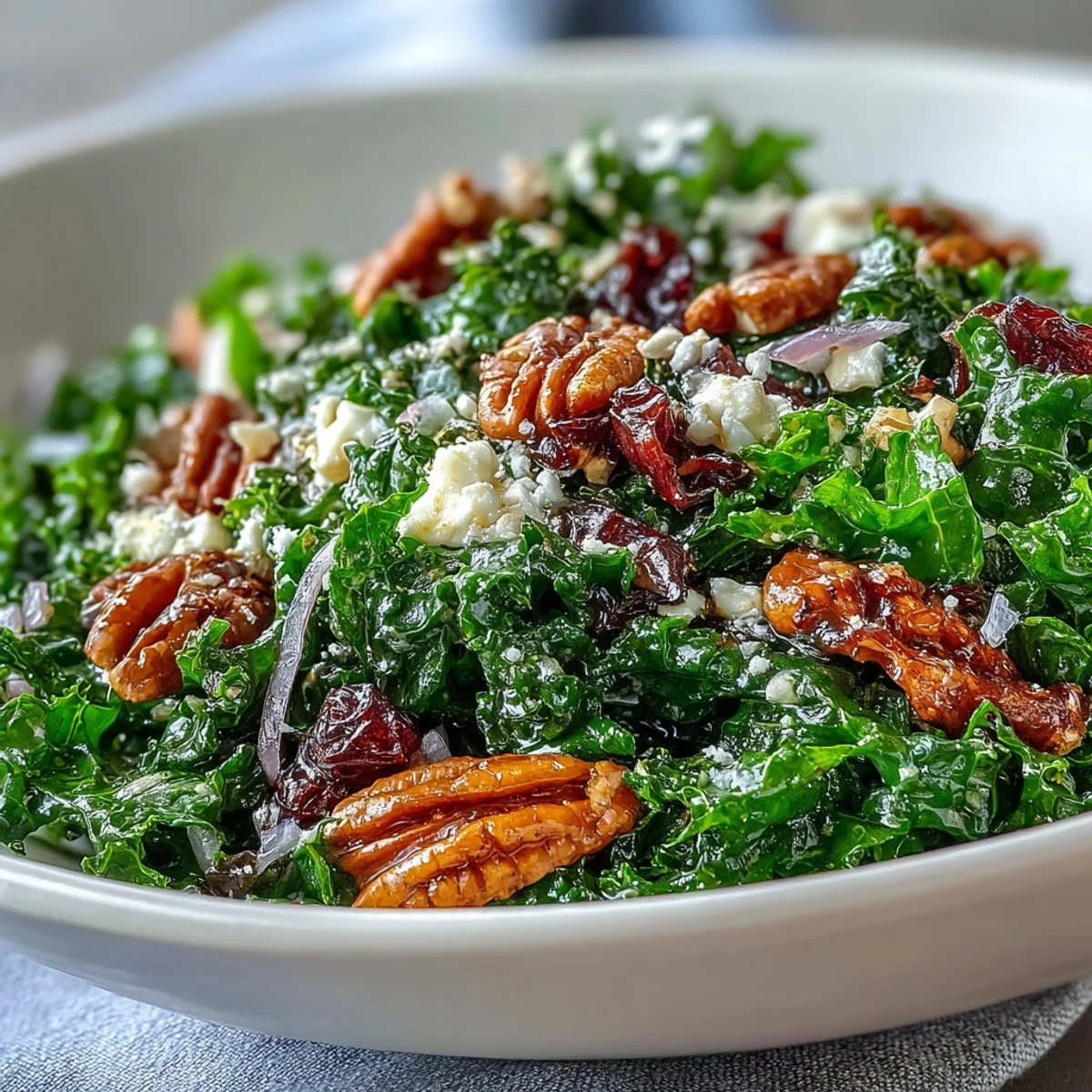 Warm Kale Salad mit Maple Mustard Dressing und crumbled Feta auf einem Teller, serviert mit Cranberries und Nüssen.