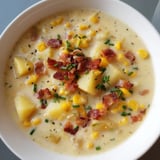 A warm bowl of corn chowder soup: a comforting creamy soup with fresh corn and garnish.