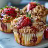 Fluffige Erdbeermuffins mit goldener Streuselkruste, perfekt für ein süßes Frühstück oder einen Snack.