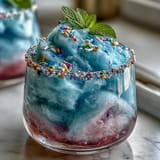 Whimsical Cotton Candy Lemonade Float mit bunten Zuckerwatte-Strudeln und cremiger Vanille-Eiscreme in einem hohen Glas.