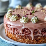 Rosé Samt Kuchen mit Gold Tropf, zarter rosa Samt Kuchen mit Rosé Wein Geschmack, gekrönt mit reichhaltiger Frischkäse Glasur und glänzendem Gold Tropf Dekor.  