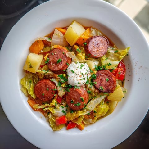 A steaming bowl of Effortless Sausage and Cabbage Stew, garnished with fresh parsley and sour cream.