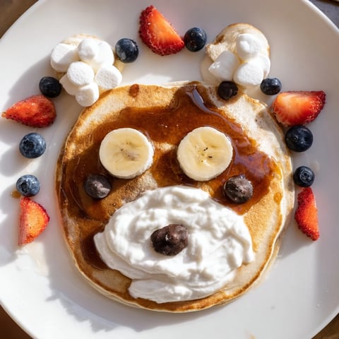 Fluffy polar bear pancake stack board, showing delicious pancakes decorated with fresh fruit and spreads.