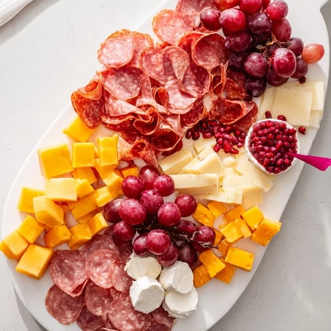 Festive stocking charcuterie board with artfully arranged meats, cheeses, and grapes for holiday enjoyment.