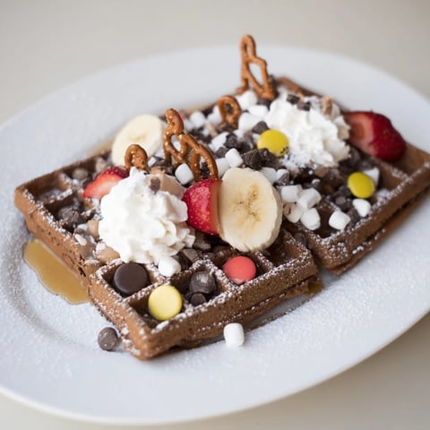 Festive gingerbread house waffle bar: freshly baked waffles with colorful candy decorations.