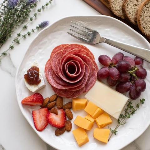 Easy Charcuterie: A single serving salami rose board with brie, cheddar, fresh fruit, and roasted almonds.