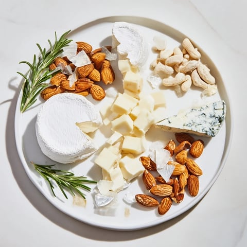 A beautifully arranged Winter Wonderland Platter with white cheeses, nuts, and sugared almonds.