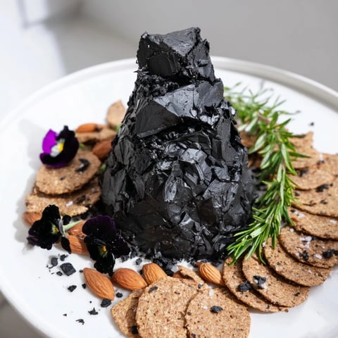 A dramatic Obsidian Peak cheese platter with black cheddar and scattered rye crackers.