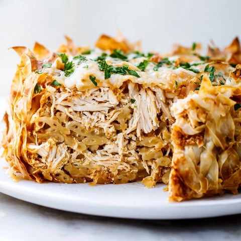 Golden-brown Chicken and Pasta Crinkle Cake, bubbly and delicious, ready to serve with parsley.