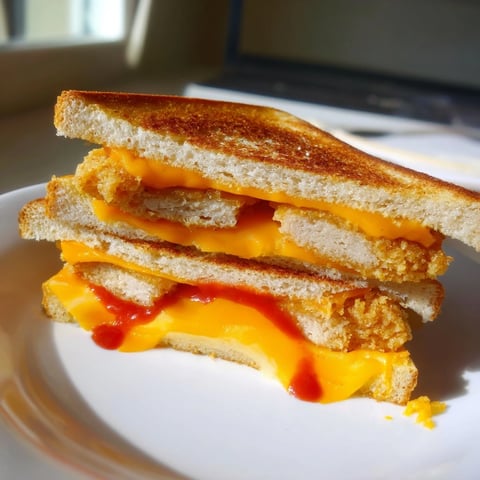 Golden-brown chicken nugget grilled cheese, perfectly melted cheese oozing from the bread.