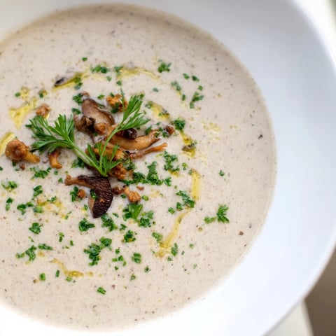 Creamy Mushroom Bisque in a bowl, garnished with fresh herbs, is ready to be served.