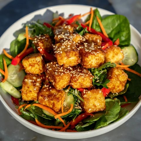 Golden, crispy tofu salad with vibrant greens and a flavorful ginger-soy dressing is appetizing.