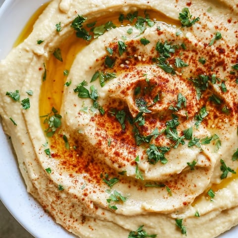 Cremiger Levantine Hummus Teller mit Olivenöl, Paprika und frischer Petersilie, servierfertig.