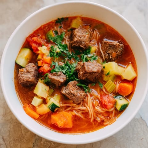 A steaming bowl of Algerian Chorba soup, filled with tender lamb and fresh herbs.