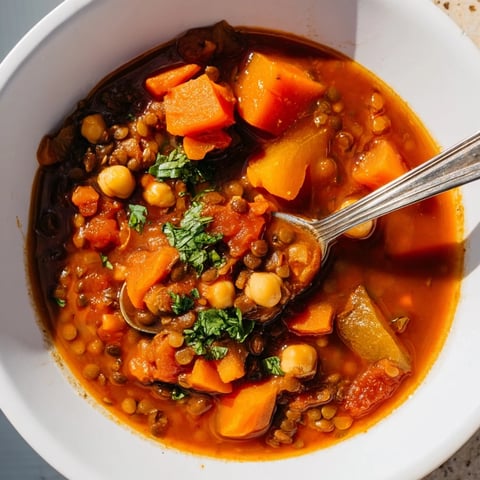 A steaming bowl of North African Harira Soup with vibrant colors and fresh herbs.