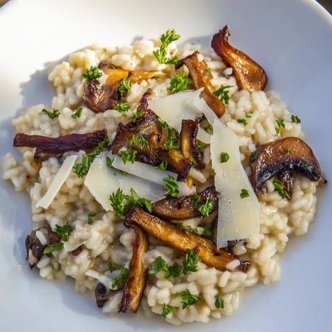 Ein Topf dampfender Roasted Mushroom Risotto mit cremigem Arborio-Reis, gerösteten Pilzen und frischem Parmesan auf dem Tisch.