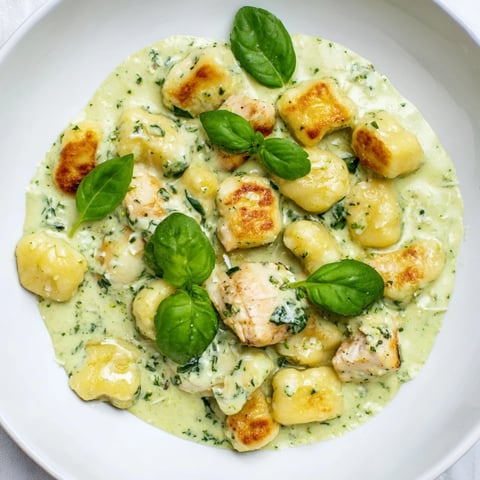 Cremige Pesto Gnocchi mit Hähnchen in einer aromatischen Basilikum-Sauce garniert mit frischen Kräutern und Parmesan.