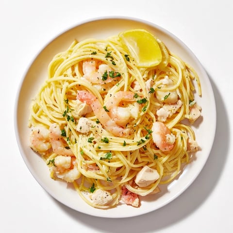Ein farbenfrohes Bild von Lemon Garlic Shrimp & Chicken Pasta mit goldbraunem Hähnchen und glasierten Garnelen.
