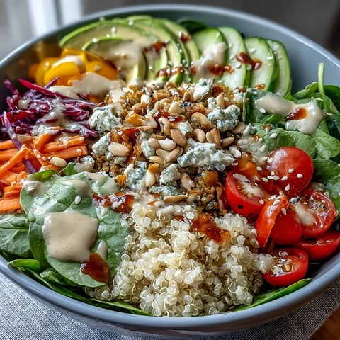 Bunter Buddha Bowl mit Quinoa, garniert mit frischen Gemüse und Tahini-Dressing.