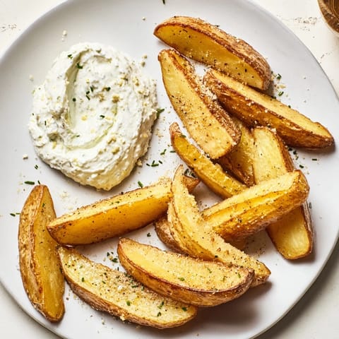 Golden, crispy oven-baked potatoes, perfectly seasoned, served alongside creamy herb quark.