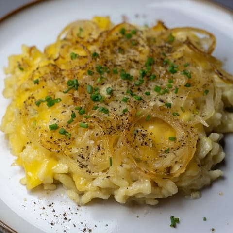 A bubbly, baked Käsespätzle dish, featuring hearty spaetzle and rich, melted cheese.