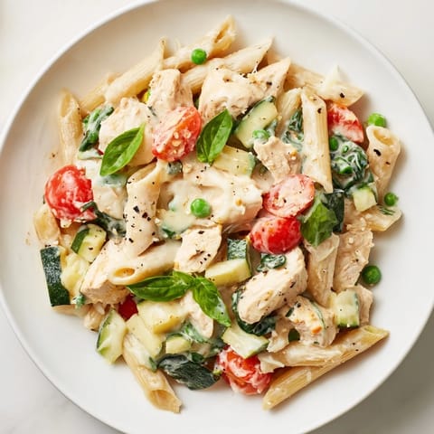 This comforting The Last Bite Chicken Pasta recipe shows pasta, chicken, and colorful veggies, steaming hot.