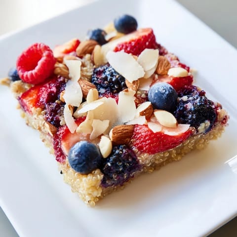 A hearty, freshly baked Berry Quinoa Breakfast Bake, brimming with fruit and cinnamon-infused quinoa.