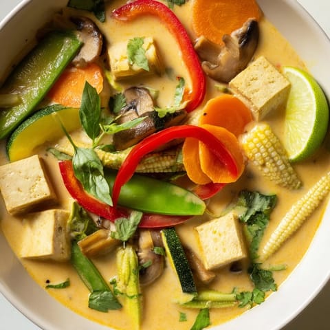 Close-up of a steaming bowl of Thai Green Curry Coconut Soup, showcasing vibrant colors and fresh basil.