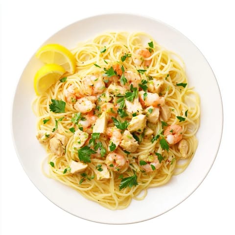 Frisch zubereitete Lemon Garlic Shrimp & Chicken Pasta, garniert mit Petersilie und Zitronenscheiben auf weißem Teller.