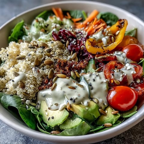 Herzhafte Rainbow Buddha Bowl mit Quinoa, süßen Karotten und cremigem Avocado.