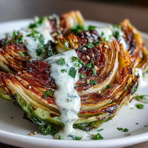 Geröstete Kohlkeile mit cremigem Tahini-Dressing, serviert als gesundes veganes Hauptgericht.