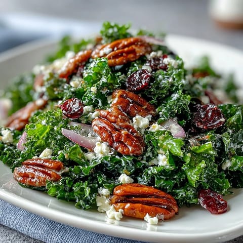 Warm Kale Salad mit Maple Mustard Dressing, gerösteten Walnüssen, Cranberries und roten Zwiebeln auf rustikalem Holztisch.
