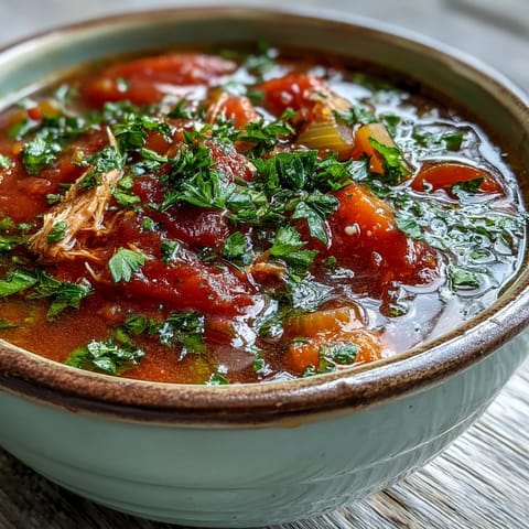 Köstliche Tuna and Tomato Soup, serviert mit knusprigem Brot und Olivenöl.