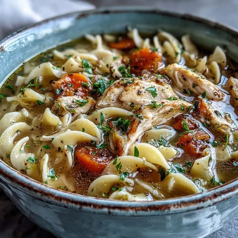 Home-style Chicken Noodle Soup dampfend in einer Schüssel, serviert mit knusprigem Brot für gemütliche Abendessen.