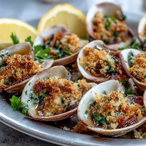 Gebackene Muscheln mit zitronigen Panko: goldbraune Muscheln mit knuspriger Kruste, frisch aus dem Ofen serviert mit Zitronenspalten und Petersilie.