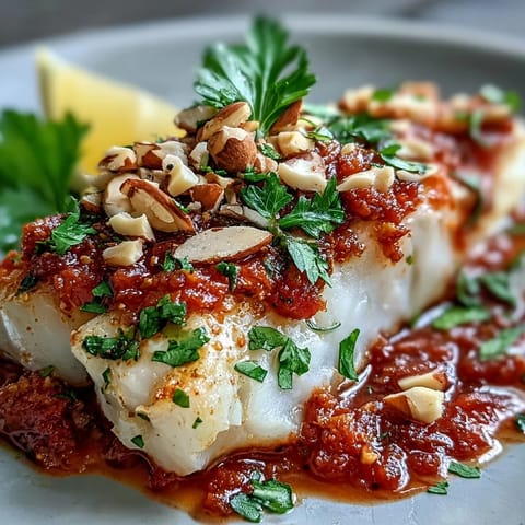 Tender cod fillets in roasted tomato sauce with crunchy spiced almonds atop ginger rice, served with lemon wedges.