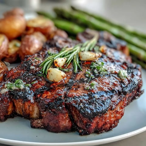 Saftiges Grilled Bone-In Rib Eye mit knusprigen Babykartoffeln und gegrillter Spargelstange auf Teller.