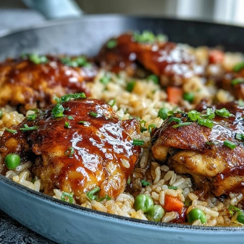 Familienfreundliche One-Pan Honey BBQ Hähnchen Reispfanne, serviert mit saftigem Hähnchen und knusprigem Gemüse