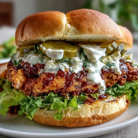 A close-up of a spicy chicken sandwich with juicy meat, tangy pickles, and a buttery brioche bun, ready for lunch.