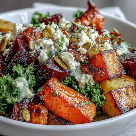 Dampfender Winter Root Vegetable Bowl mit gerösteten Karotten, Pastinaken und süßem Süßkartoffel-Wedge.