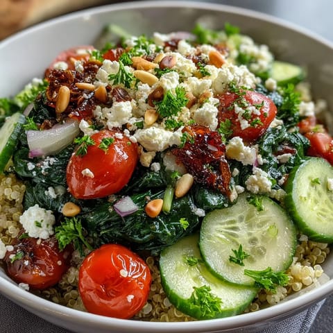 Genießbarer Spinat und Feta Grain Bowl mit gerösteten Pinienkernen und einem zitronigen Olivenöl-Dressing.