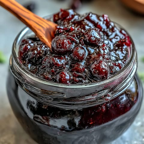 Hausgemachte schwarze Johannisbeeren Konfitüre in einem Glas auf rustikalem Holztisch mit frischen Beeren.