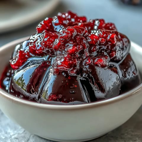 Glasblack-currant-jelly zeigt rubinrote Färbung, elegant auf Vanilleeis oder Joghurt gegossen