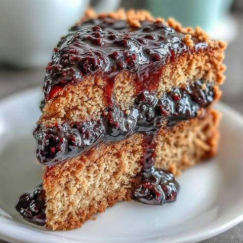 Feuchter Peanutbutter-Kuchen mit lila schwarzer Johannisbeersoße, aufgeschnitten, um das rote Marmeladen-Inset zu zeigen.  